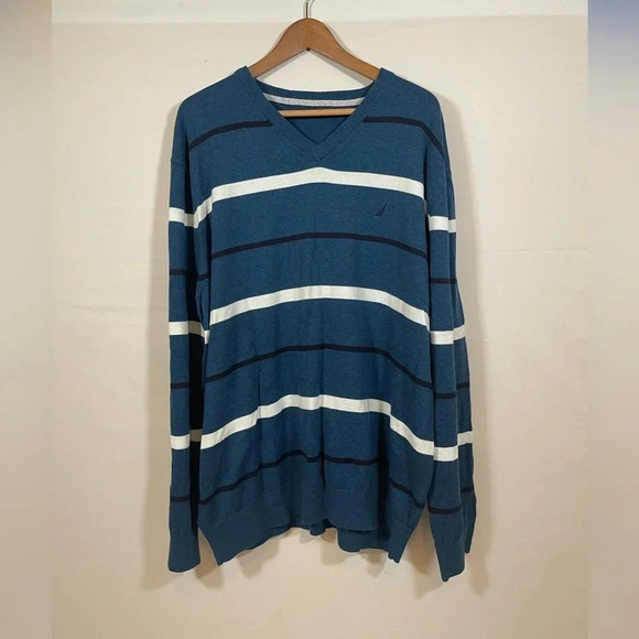 Men’s Nautica Blue Striped V-Neck Sweater 100% Cotton Size XXL - Picture 1 of 4